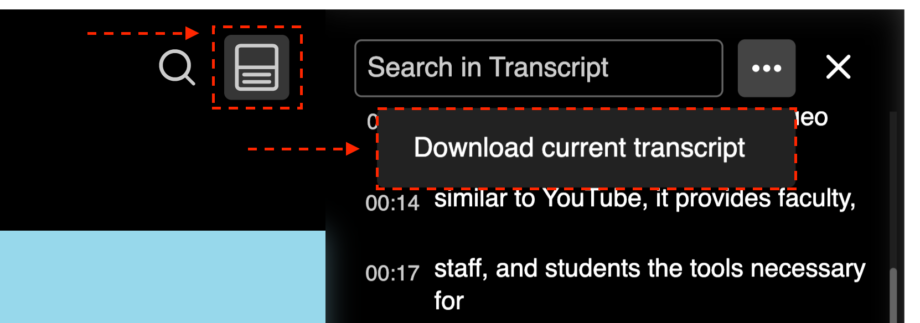 image showing where to select the transcript window menu and more transcript options to download transcript file